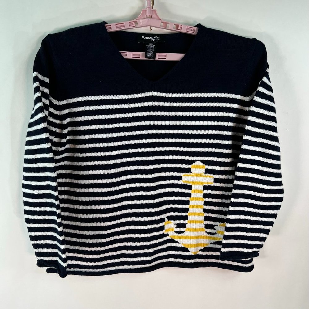 Norton Studios Petites Womens Long Sleeves Nautical Blue Knit Sweater Size PXL